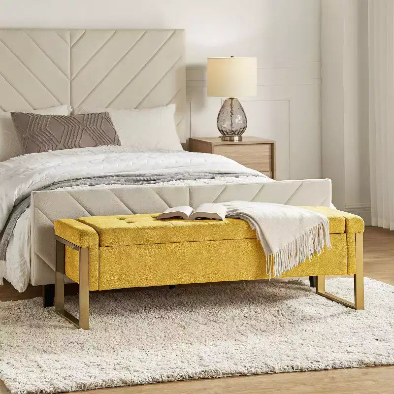 Banc de rangement moderne rembourré de 140 cm avec plateau relevable et pieds en métal