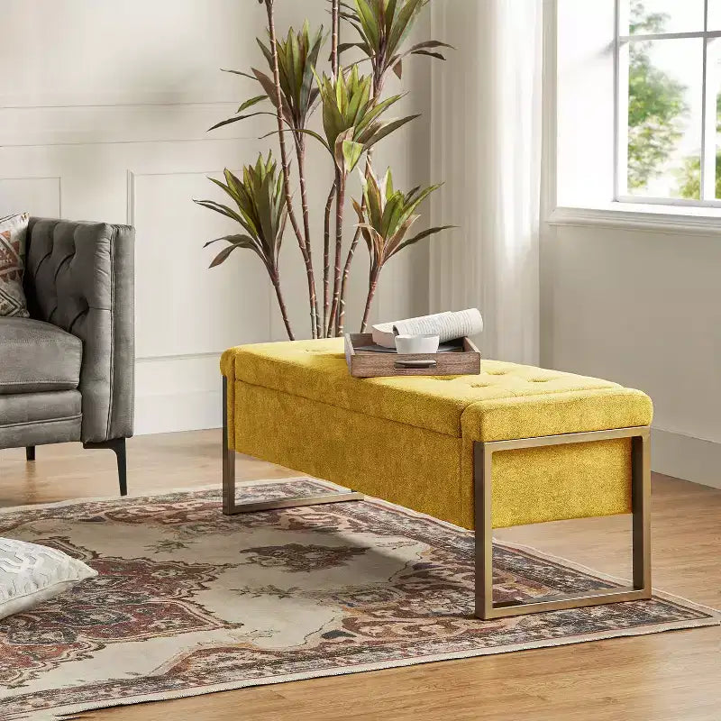 Banc de rangement moderne rembourré de 140 cm avec plateau relevable et pieds en métal