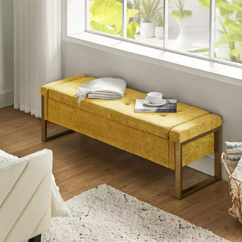 Banc de rangement moderne rembourré de 140 cm avec plateau relevable et pieds en métal
