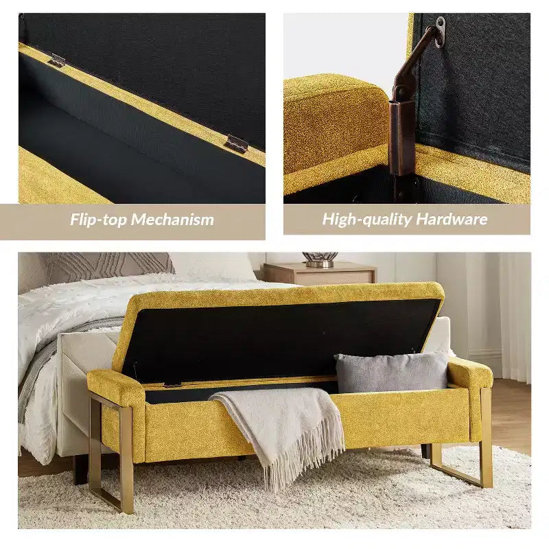 Banc de rangement moderne rembourré de 140 cm avec plateau relevable et pieds en métal