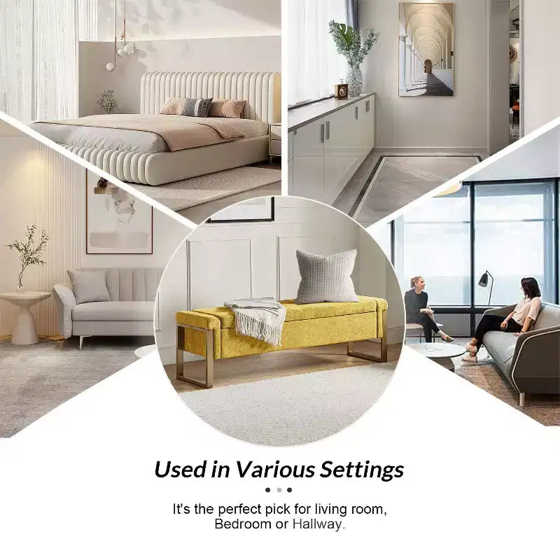 Banc de rangement moderne rembourré de 140 cm avec plateau relevable et pieds en métal