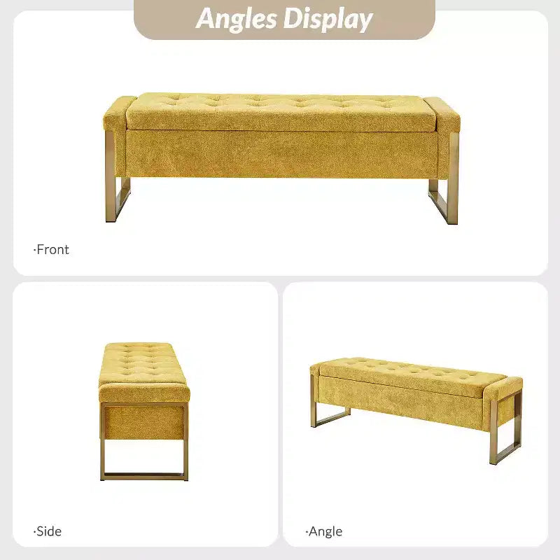 Banc de rangement moderne rembourré de 140 cm avec plateau relevable et pieds en métal
