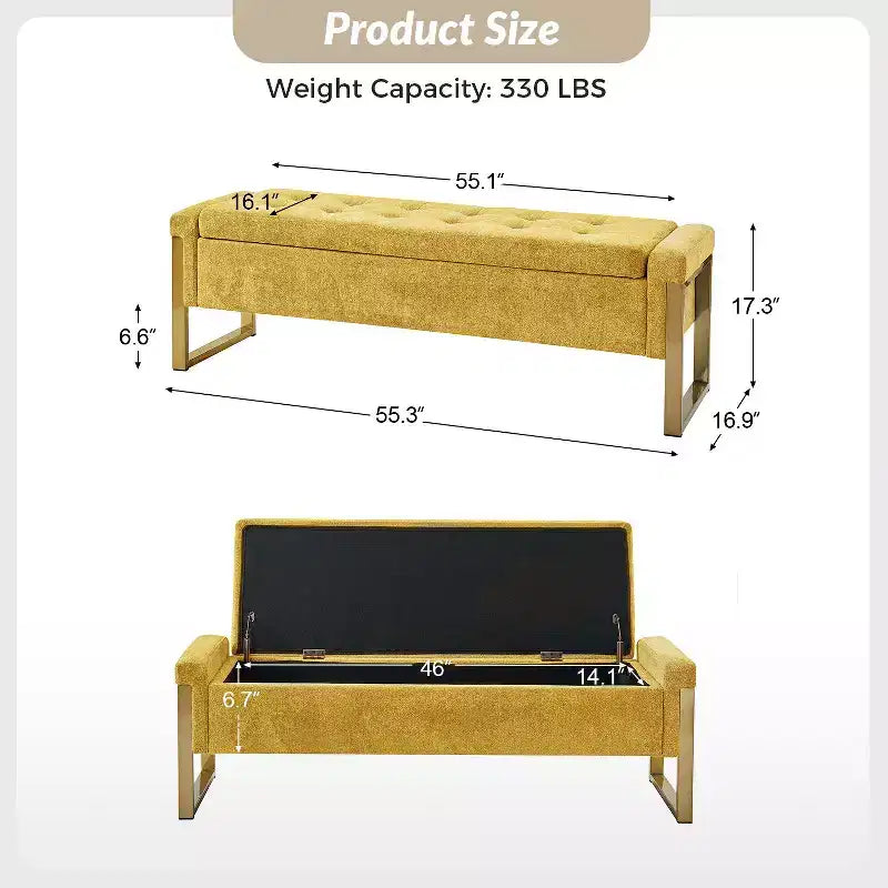 Banc de rangement moderne rembourré de 140 cm avec plateau relevable et pieds en métal