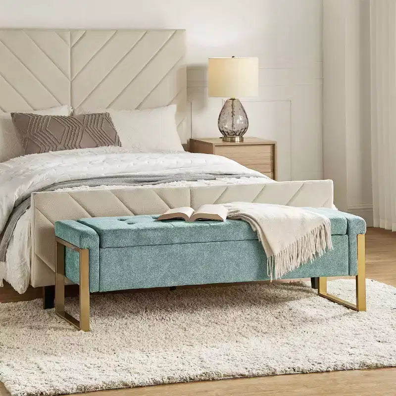 Banc de rangement moderne rembourré de 140 cm avec plateau relevable et pieds en métal