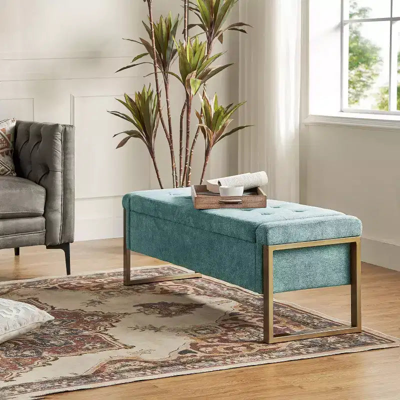 Banc de rangement moderne rembourré de 140 cm avec plateau relevable et pieds en métal