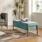 Banc de rangement moderne rembourré de 140 cm avec plateau relevable et pieds en métal
