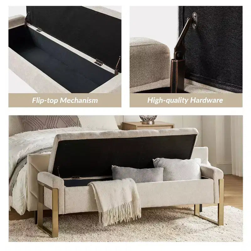 Banc de rangement moderne rembourré de 140 cm avec plateau relevable et pieds en métal