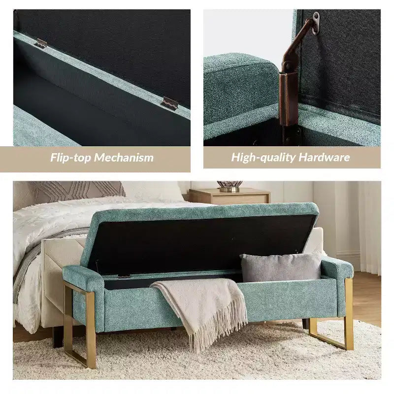 Banc de rangement moderne rembourré de 140 cm avec plateau relevable et pieds en métal