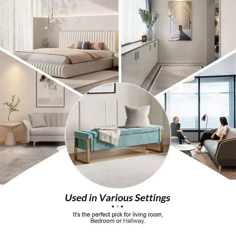 Banc de rangement moderne rembourré de 140 cm avec plateau relevable et pieds en métal