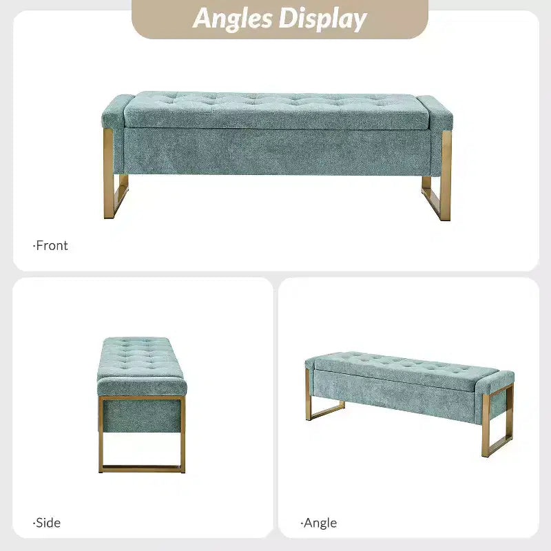 Banc de rangement moderne rembourré de 140 cm avec plateau relevable et pieds en métal