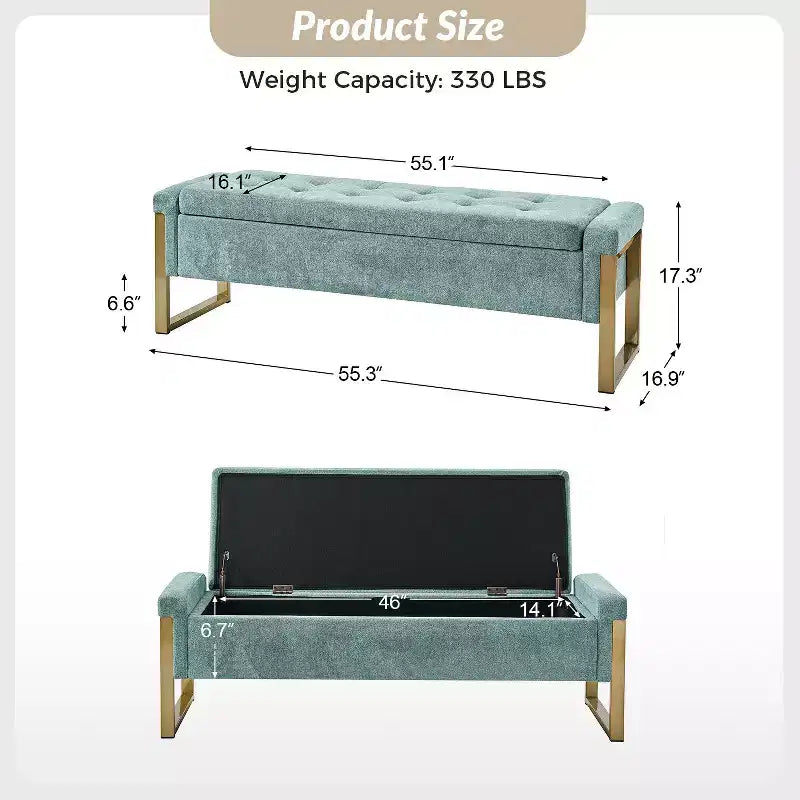 Banc de rangement moderne rembourré de 140 cm avec plateau relevable et pieds en métal