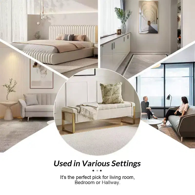 Banc de rangement moderne rembourré de 140 cm avec plateau relevable et pieds en métal