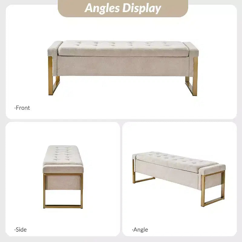 Banc de rangement moderne rembourré de 140 cm avec plateau relevable et pieds en métal