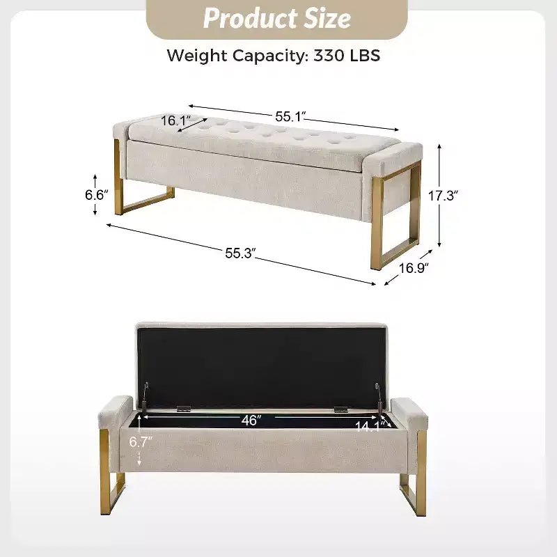 Banc de rangement moderne rembourré de 140 cm avec plateau relevable et pieds en métal