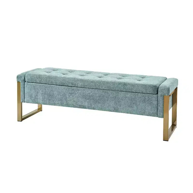 Banc de rangement moderne rembourré de 140 cm avec plateau relevable et pieds en métal